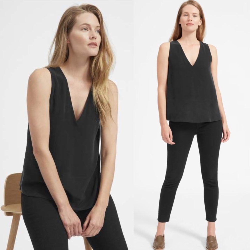 Everlane 100% Silk Black V-Neck Longline Tank Top Womens Size 00 Minimal Blouse